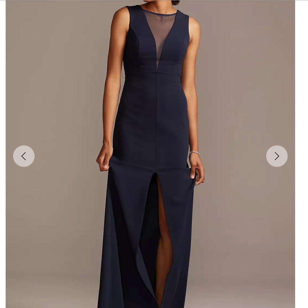 DB Studio Navy Blue Illusion Deep V Center Slit Stretch Crepe Maxi Dress Size 14